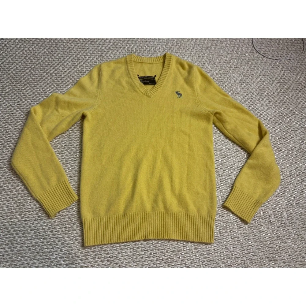 Abercrombie & Fitch vintage 100% Cashmere V-Neck Sweater Yellow Y2K  Moose Logo